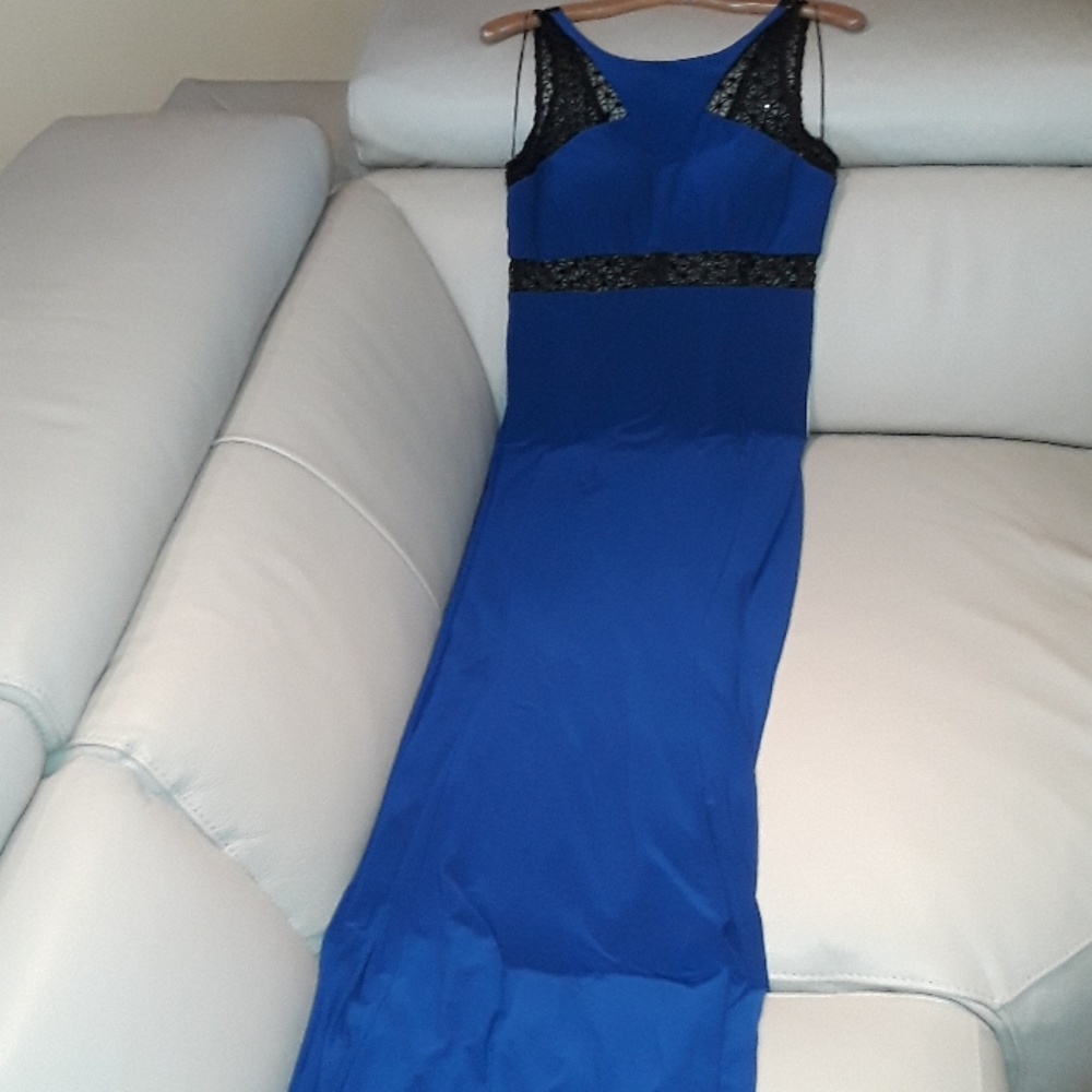 Royal blue gown.